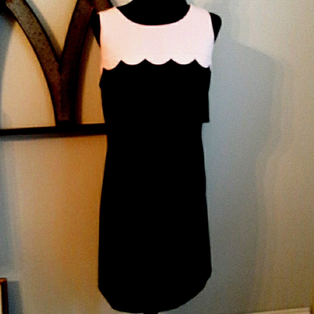 NINE WEST Pink Scallop Bodice on Navy Poly Stretch Crepe Sleeveless Dress